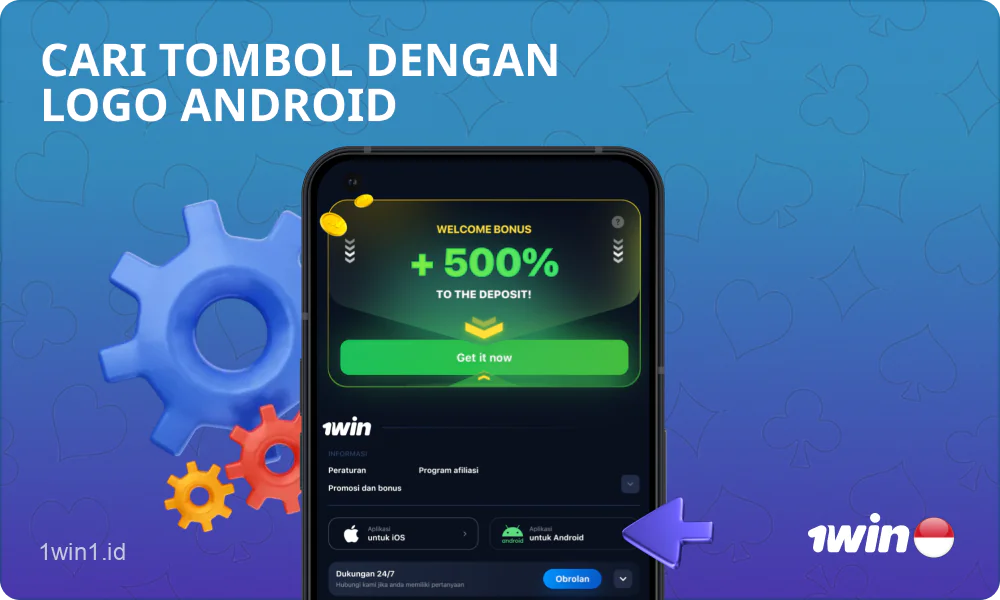 Pengguna perlu menemukan tombol logo Android di bagian bawah beranda situs web untuk mengunduh file instalasi aplikasi seluler 1win