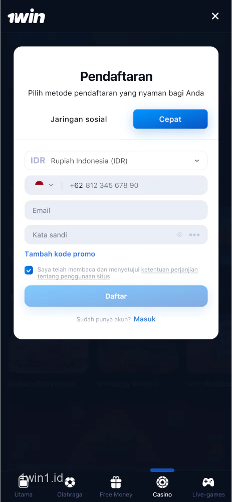 Tangkapan layar layar pendaftaran di aplikasi seluler 1win Indonesia untuk Android dan iOS