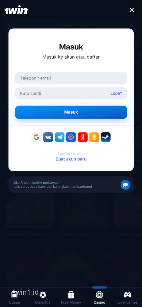 Tangkapan layar layar login akun dari aplikasi seluler 1win Indonesia untuk Android dan iOS