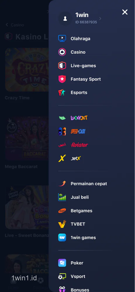 Tangkapan layar menu pengguna aplikasi seluler 1win Indonesia untuk Android dan iOS