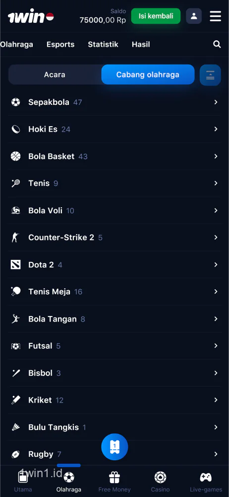 Tangkapan layar layar dengan disiplin olahraga yang tersedia untuk taruhan olahraga di aplikasi seluler 1win Indonesia untuk Android dan iOS