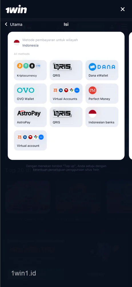Tangkapan layar layar sistem pembayaran di aplikasi seluler 1win Indonesia untuk Android dan iOS