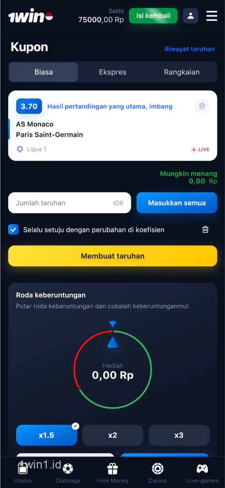 Tangkapan layar taruhan olahraga di aplikasi seluler 1win Indonesia untuk Android dan iOS