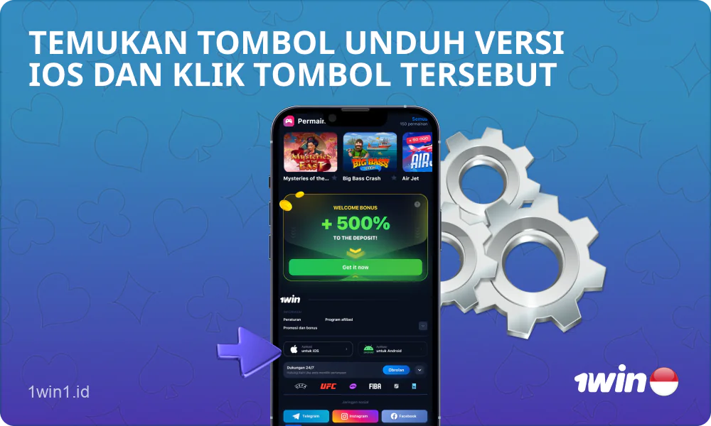 Untuk mengunduh file instalasi aplikasi seluler 1win untuk iOS, pengguna dari Indonesia perlu mencari tombol dengan logo sistem operasi ponsel cerdas mereka dan mengkliknya